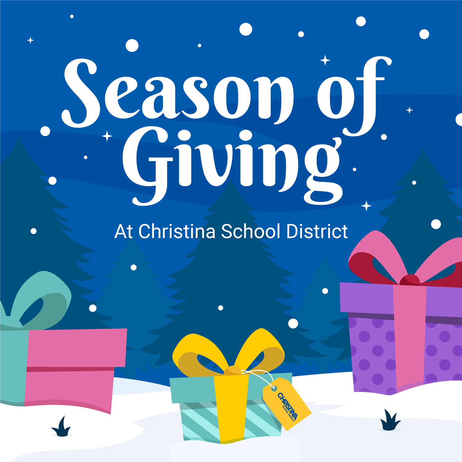  Graphic with blue background and snowflakes w/words Season of Giving At Christina School District